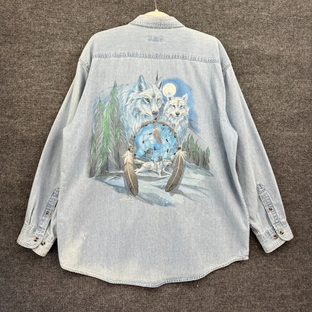 Vintage Mens Chambray Button Up Shirt Size L Wolf Dreamcatcher Native Style 90s